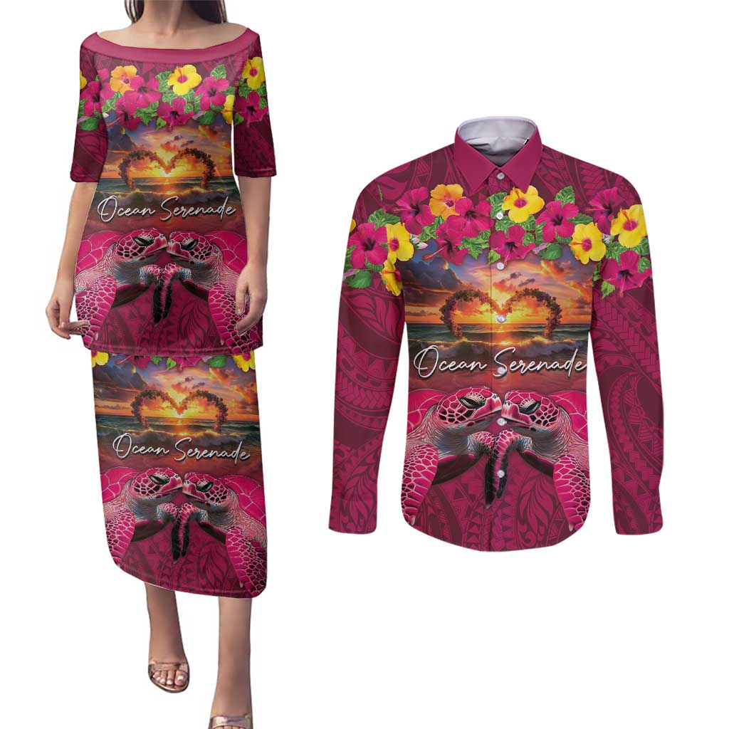 Hawaiian Turtle Love Couple Couples Matching Puletasi and Long Sleeve Button Shirt Ocean Serenade - Honu Honi Ihu with Hibiscus and Romantic Sunset Pink Color LT03 Pink - Polynesian Pride