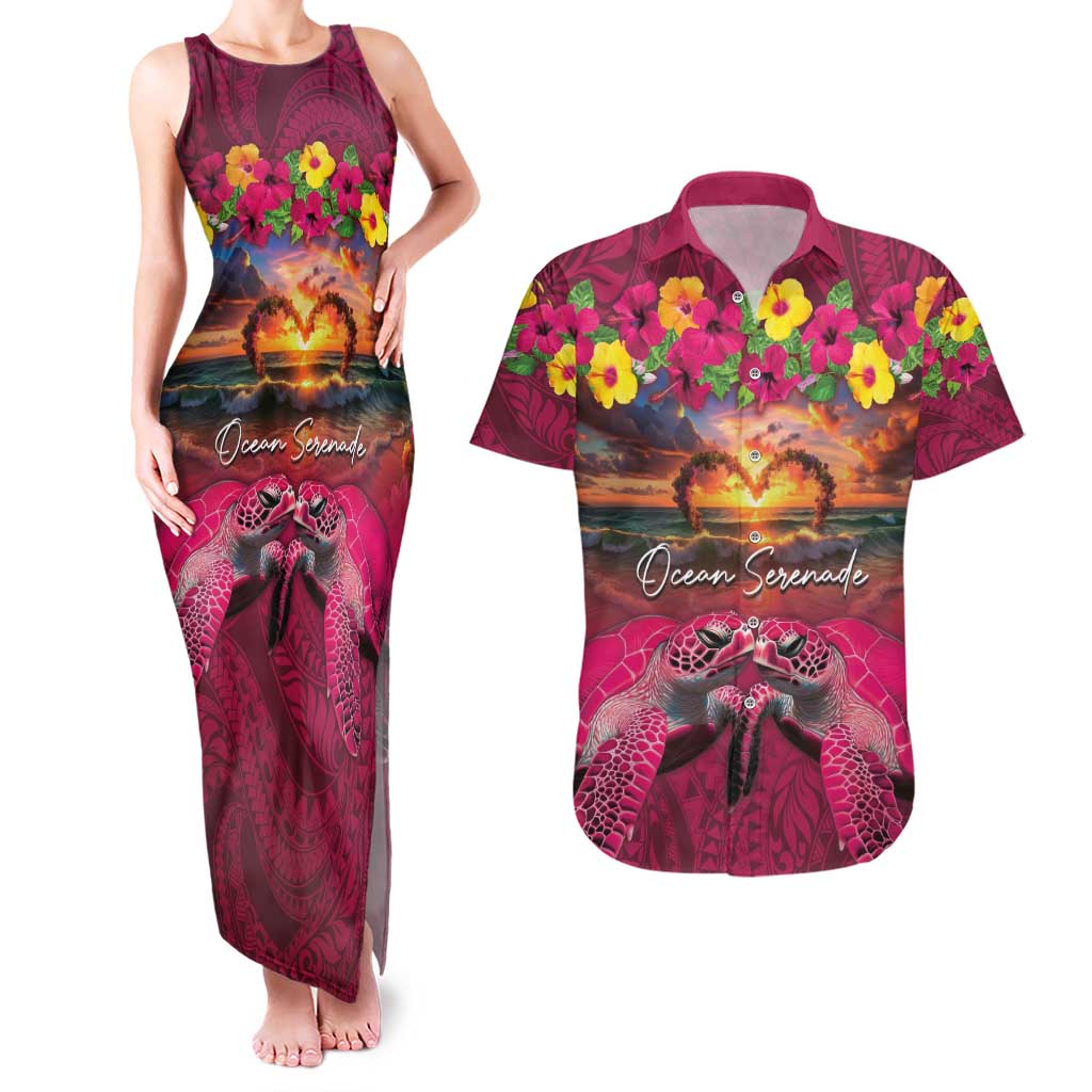 Hawaiian Turtle Love Couple Couples Matching Tank Maxi Dress and Hawaiian Shirt Ocean Serenade - Honu Honi Ihu with Hibiscus and Romantic Sunset Pink Color