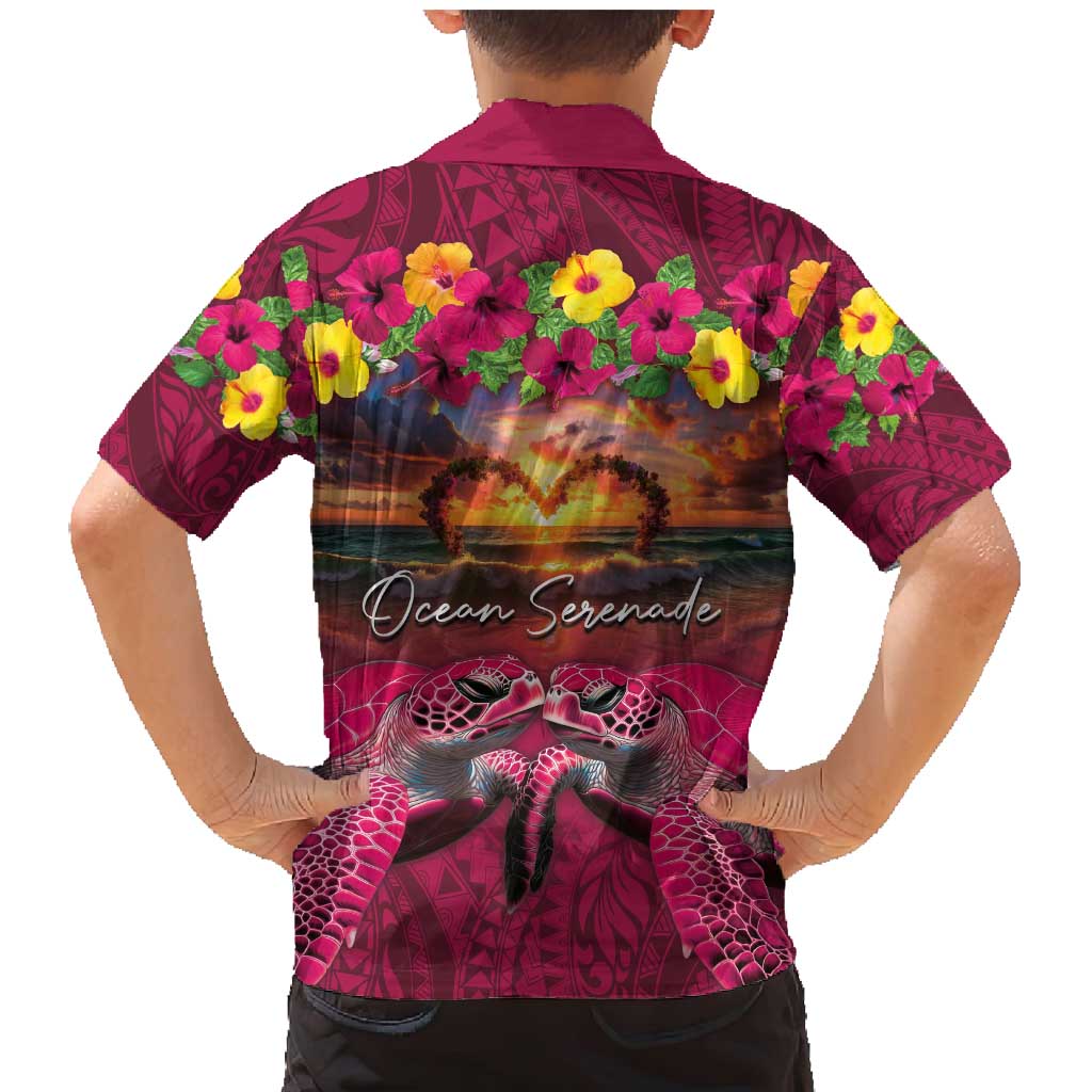 Hawaiian Turtle Love Couple Family Matching Mermaid Dress and Hawaiian Shirt Ocean Serenade - Honu Honi Ihu with Hibiscus and Romantic Sunset Pink Color LT03 - Polynesian Pride