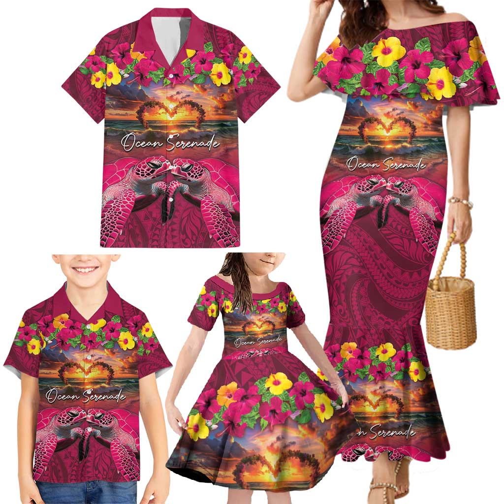 Hawaiian Turtle Love Couple Family Matching Mermaid Dress and Hawaiian Shirt Ocean Serenade - Honu Honi Ihu with Hibiscus and Romantic Sunset Pink Color LT03 - Polynesian Pride