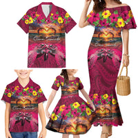Hawaiian Turtle Love Couple Family Matching Mermaid Dress and Hawaiian Shirt Ocean Serenade - Honu Honi Ihu with Hibiscus and Romantic Sunset Pink Color LT03 - Polynesian Pride