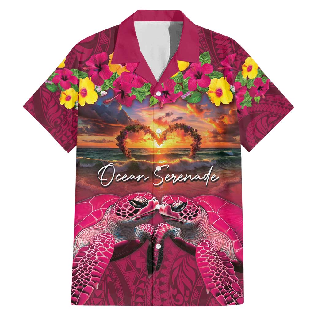 Hawaiian Turtle Love Couple Family Matching Mermaid Dress and Hawaiian Shirt Ocean Serenade - Honu Honi Ihu with Hibiscus and Romantic Sunset Pink Color LT03 Dad's Shirt - Short Sleeve Pink - Polynesian Pride