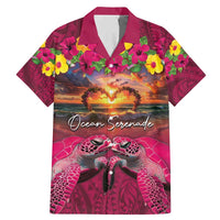 Hawaiian Turtle Love Couple Family Matching Mermaid Dress and Hawaiian Shirt Ocean Serenade - Honu Honi Ihu with Hibiscus and Romantic Sunset Pink Color LT03 Dad's Shirt - Short Sleeve Pink - Polynesian Pride