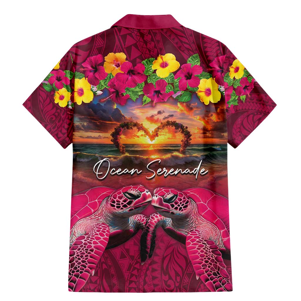Hawaiian Turtle Love Couple Family Matching Mermaid Dress and Hawaiian Shirt Ocean Serenade - Honu Honi Ihu with Hibiscus and Romantic Sunset Pink Color LT03 - Polynesian Pride