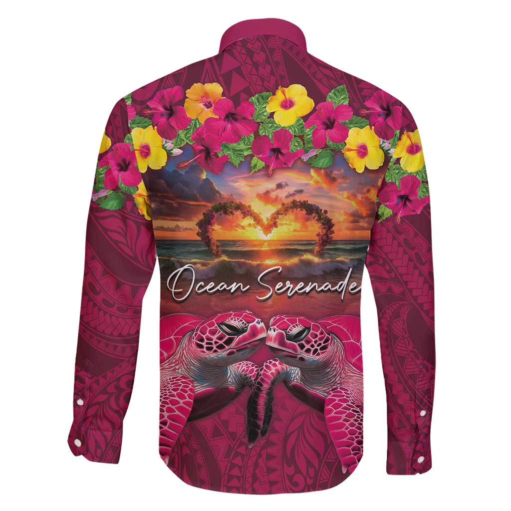Hawaiian Turtle Love Couple Family Matching Mermaid Dress and Hawaiian Shirt Ocean Serenade - Honu Honi Ihu with Hibiscus and Romantic Sunset Pink Color LT03 - Polynesian Pride