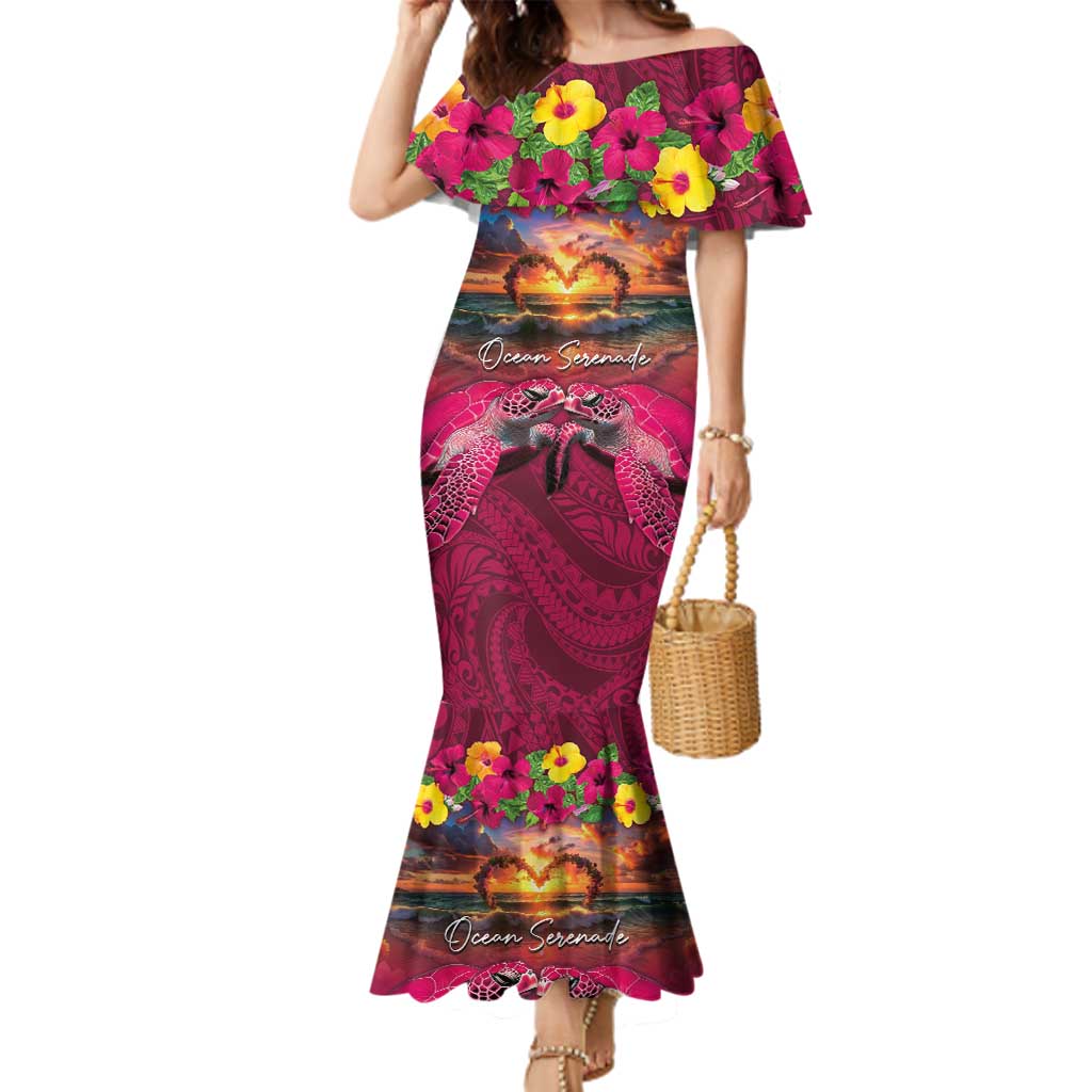 Hawaiian Turtle Love Couple Family Matching Mermaid Dress and Hawaiian Shirt Ocean Serenade - Honu Honi Ihu with Hibiscus and Romantic Sunset Pink Color LT03 Mom's Dress Pink - Polynesian Pride