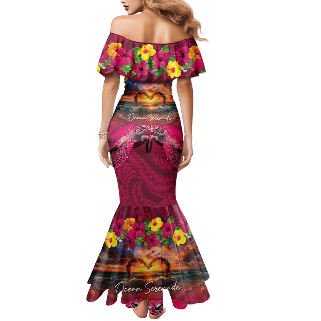 Hawaiian Turtle Love Couple Family Matching Mermaid Dress and Hawaiian Shirt Ocean Serenade - Honu Honi Ihu with Hibiscus and Romantic Sunset Pink Color LT03 - Polynesian Pride