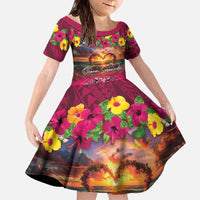 Hawaiian Turtle Love Couple Family Matching Off The Shoulder Long Sleeve Dress and Hawaiian Shirt Ocean Serenade - Honu Honi Ihu with Hibiscus and Romantic Sunset Pink Color LT03 Daughter's Dress Pink - Polynesian Pride