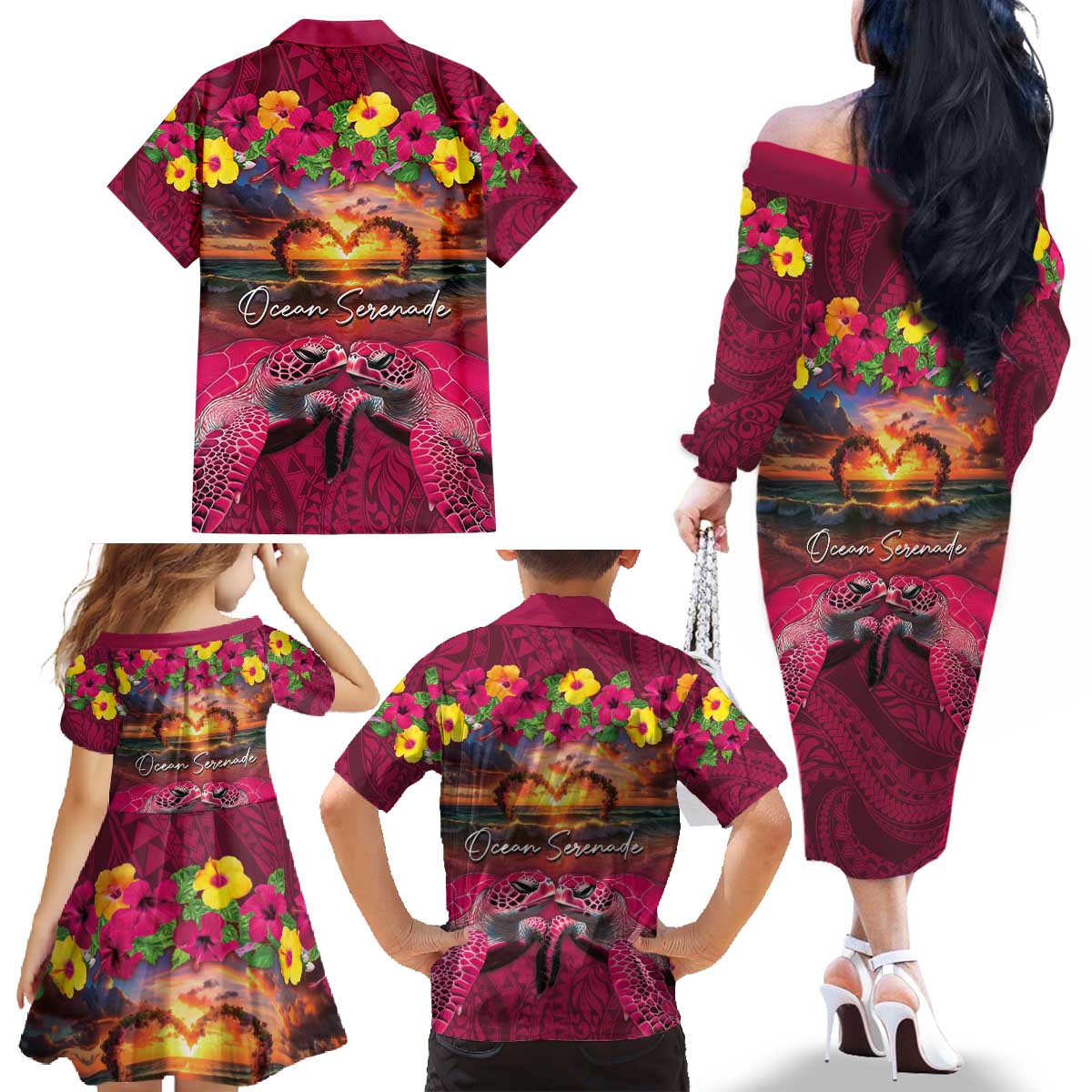 Hawaiian Turtle Love Couple Family Matching Off The Shoulder Long Sleeve Dress and Hawaiian Shirt Ocean Serenade - Honu Honi Ihu with Hibiscus and Romantic Sunset Pink Color LT03 - Polynesian Pride