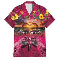 Hawaiian Turtle Love Couple Family Matching Off The Shoulder Long Sleeve Dress and Hawaiian Shirt Ocean Serenade - Honu Honi Ihu with Hibiscus and Romantic Sunset Pink Color LT03 Dad's Shirt - Short Sleeve Pink - Polynesian Pride