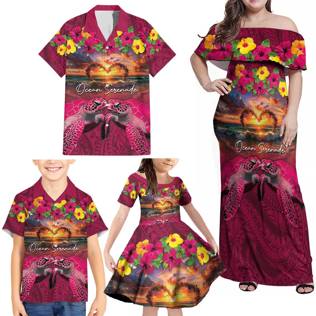 Hawaiian Turtle Love Couple Family Matching Off Shoulder Maxi Dress and Hawaiian Shirt Ocean Serenade - Honu Honi Ihu with Hibiscus and Romantic Sunset Pink Color LT03 - Polynesian Pride