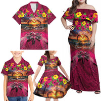 Hawaiian Turtle Love Couple Family Matching Off Shoulder Maxi Dress and Hawaiian Shirt Ocean Serenade - Honu Honi Ihu with Hibiscus and Romantic Sunset Pink Color LT03 - Polynesian Pride