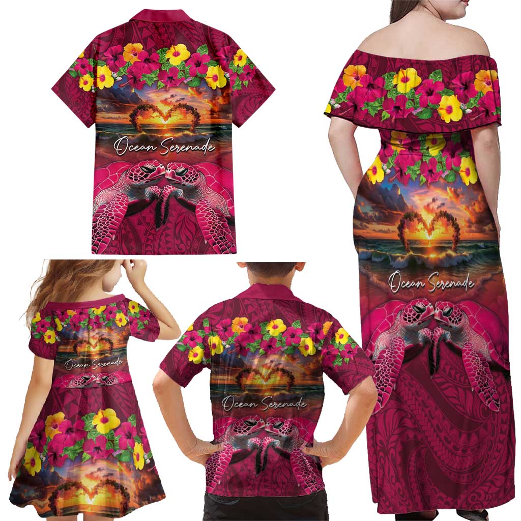 Hawaiian Turtle Love Couple Family Matching Off Shoulder Maxi Dress and Hawaiian Shirt Ocean Serenade - Honu Honi Ihu with Hibiscus and Romantic Sunset Pink Color LT03 - Polynesian Pride
