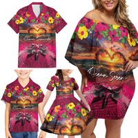 Hawaiian Turtle Love Couple Family Matching Off Shoulder Short Dress and Hawaiian Shirt Ocean Serenade - Honu Honi Ihu with Hibiscus and Romantic Sunset Pink Color