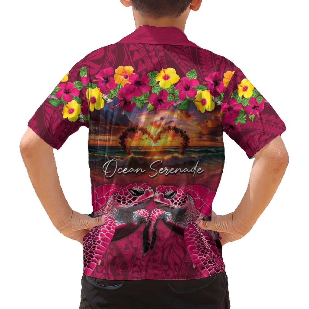 Hawaiian Turtle Love Couple Family Matching Puletasi and Hawaiian Shirt Ocean Serenade - Honu Honi Ihu with Hibiscus and Romantic Sunset Pink Color LT03 - Polynesian Pride