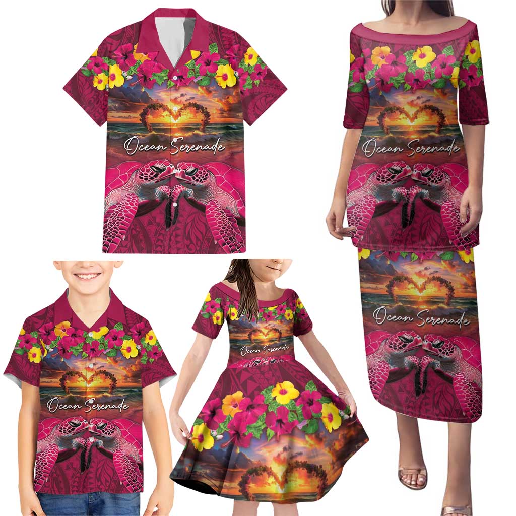 Hawaiian Turtle Love Couple Family Matching Puletasi and Hawaiian Shirt Ocean Serenade - Honu Honi Ihu with Hibiscus and Romantic Sunset Pink Color LT03 - Polynesian Pride