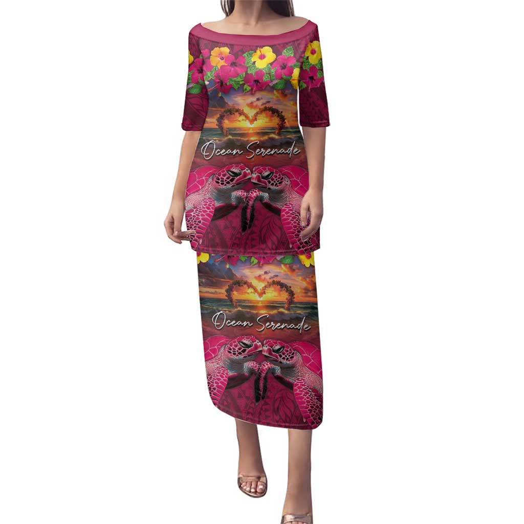 Hawaiian Turtle Love Couple Family Matching Puletasi and Hawaiian Shirt Ocean Serenade - Honu Honi Ihu with Hibiscus and Romantic Sunset Pink Color LT03 Mom's Dress Pink - Polynesian Pride