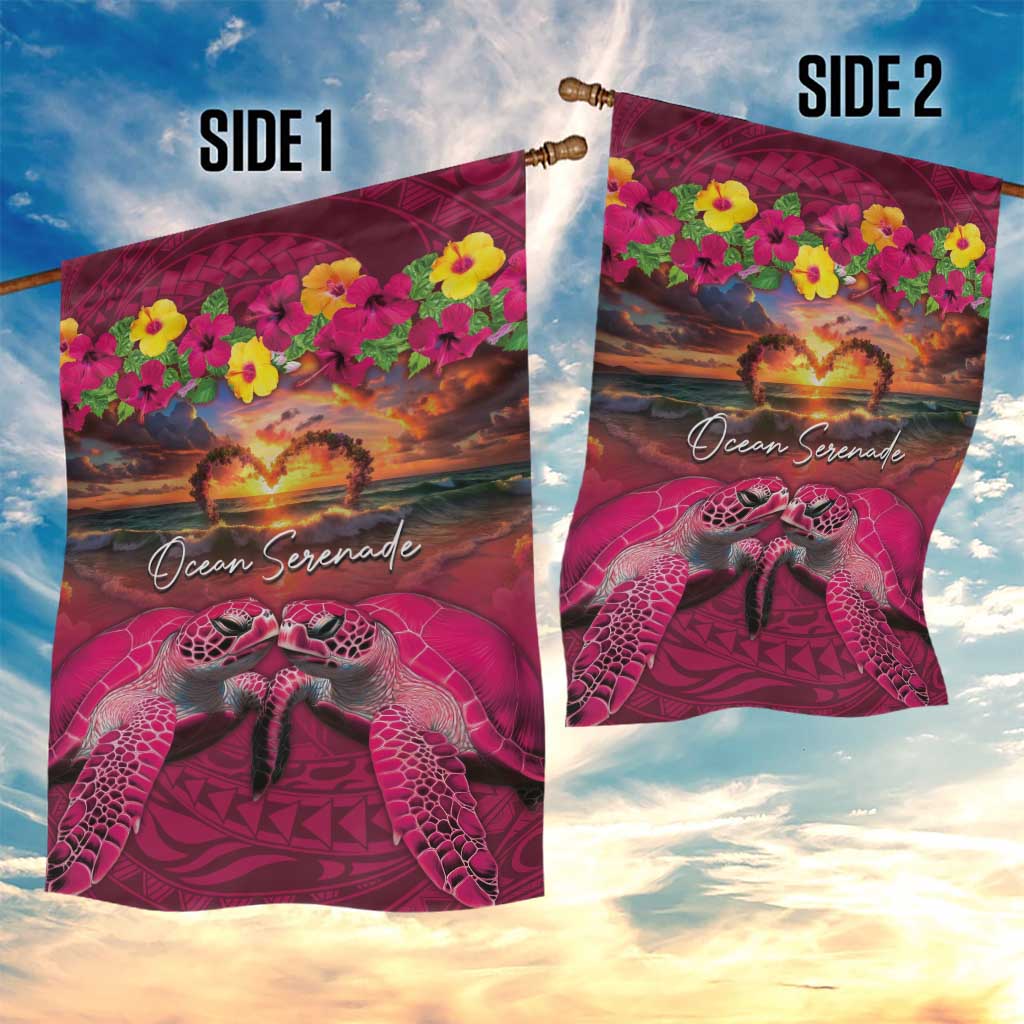 Hawaiian Turtle Love Couple Garden Flag Ocean Serenade - Honu Honi Ihu with Hibiscus and Romantic Sunset Pink Color LT03 - Polynesian Pride