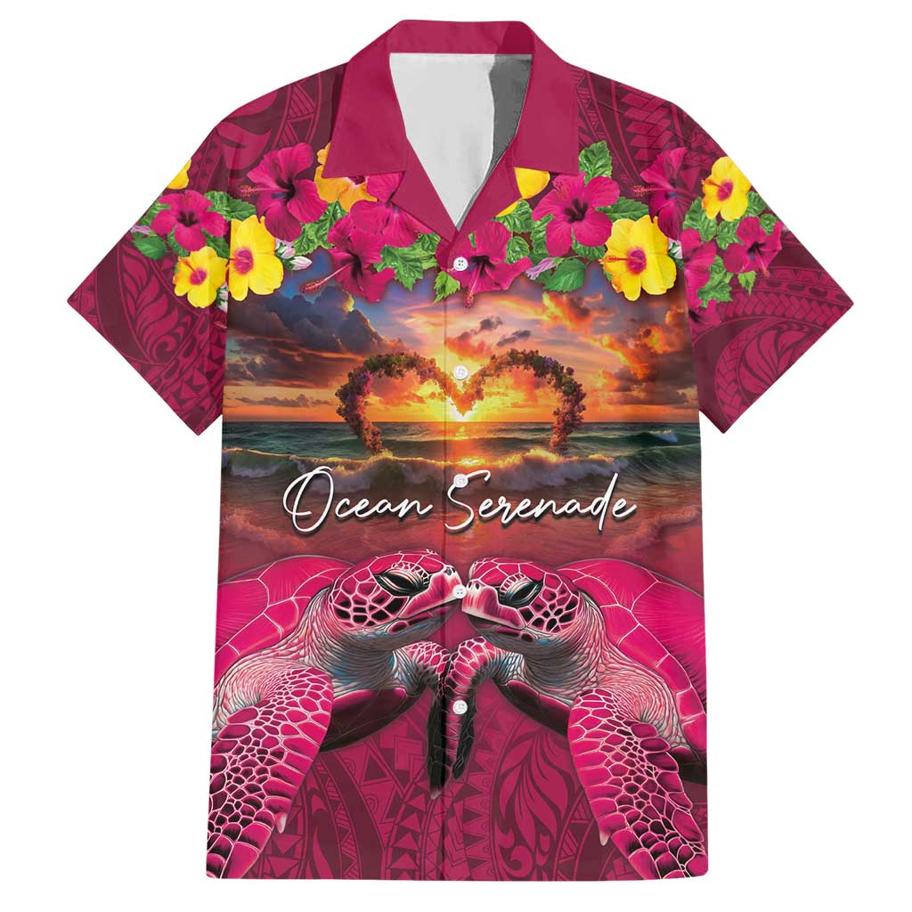 Hawaiian Turtle Love Couple Hawaiian Shirt Ocean Serenade - Honu Honi Ihu with Hibiscus and Romantic Sunset Pink Color LT03 Pink - Polynesian Pride