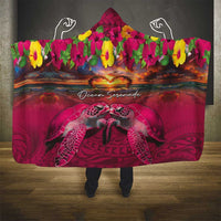 Hawaiian Turtle Love Couple Hooded Blanket Ocean Serenade - Honu Honi Ihu with Hibiscus and Romantic Sunset Pink Color LT03 - Polynesian Pride