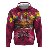 Hawaiian Turtle Love Couple Hoodie Ocean Serenade - Honu Honi Ihu with Hibiscus and Romantic Sunset Pink Color LT03 Zip Hoodie Pink - Polynesian Pride