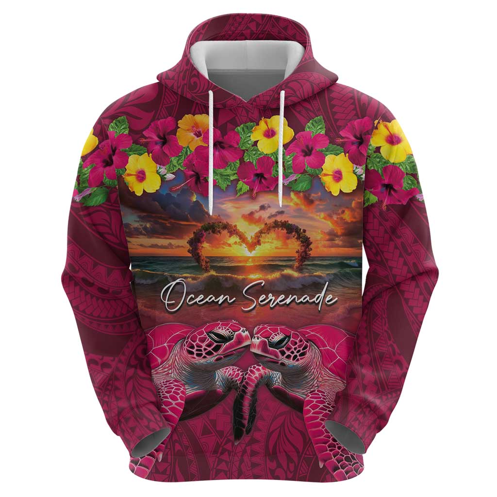 Hawaiian Turtle Love Couple Hoodie Ocean Serenade - Honu Honi Ihu with Hibiscus and Romantic Sunset Pink Color LT03 - Polynesian Pride
