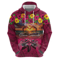 Hawaiian Turtle Love Couple Hoodie Ocean Serenade - Honu Honi Ihu with Hibiscus and Romantic Sunset Pink Color LT03 - Polynesian Pride