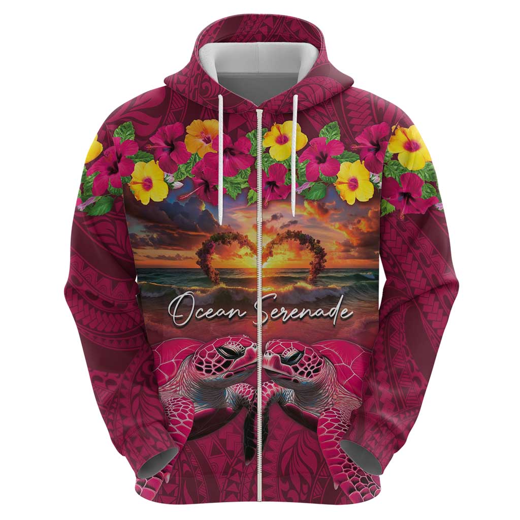 Hawaiian Turtle Love Couple Hoodie Ocean Serenade - Honu Honi Ihu with Hibiscus and Romantic Sunset Pink Color LT03 - Polynesian Pride