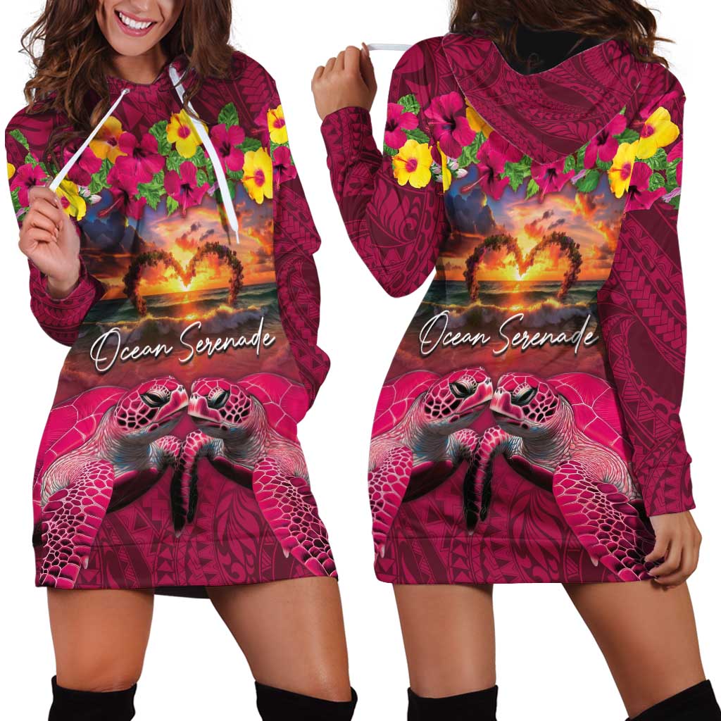 Hawaiian Turtle Love Couple Hoodie Dress Ocean Serenade - Honu Honi Ihu with Hibiscus and Romantic Sunset Pink Color LT03 - Polynesian Pride