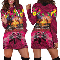 Hawaiian Turtle Love Couple Hoodie Dress Ocean Serenade - Honu Honi Ihu with Hibiscus and Romantic Sunset Pink Color LT03 - Polynesian Pride