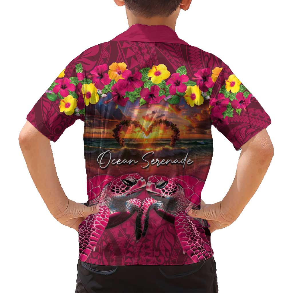 Hawaiian Turtle Love Couple Kid Hawaiian Shirt Ocean Serenade - Honu Honi Ihu with Hibiscus and Romantic Sunset Pink Color LT03 - Polynesian Pride