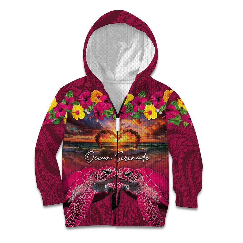 Hawaiian Turtle Love Couple Kid Hoodie Ocean Serenade - Honu Honi Ihu with Hibiscus and Romantic Sunset Pink Color LT03 Zip Hoodie Pink - Polynesian Pride