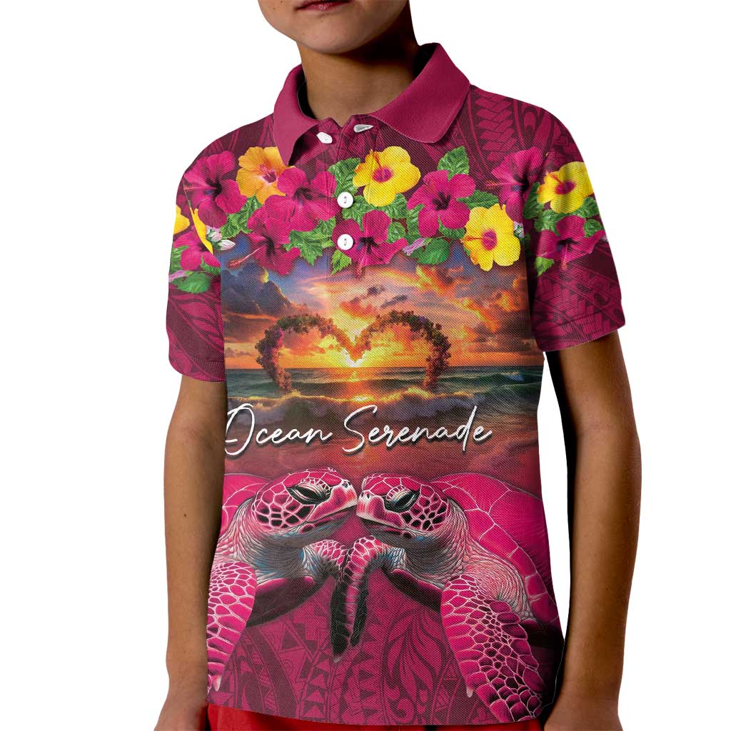 Hawaiian Turtle Love Couple Kid Polo Shirt Ocean Serenade - Honu Honi Ihu with Hibiscus and Romantic Sunset Pink Color LT03 Kid Pink - Polynesian Pride