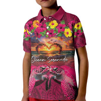 Hawaiian Turtle Love Couple Kid Polo Shirt Ocean Serenade - Honu Honi Ihu with Hibiscus and Romantic Sunset Pink Color LT03 Kid Pink - Polynesian Pride