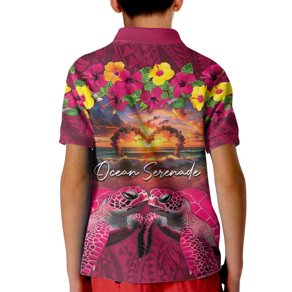 Hawaiian Turtle Love Couple Kid Polo Shirt Ocean Serenade - Honu Honi Ihu with Hibiscus and Romantic Sunset Pink Color LT03 - Polynesian Pride