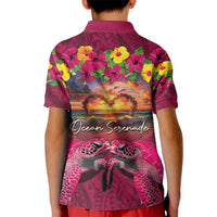 Hawaiian Turtle Love Couple Kid Polo Shirt Ocean Serenade - Honu Honi Ihu with Hibiscus and Romantic Sunset Pink Color LT03 - Polynesian Pride