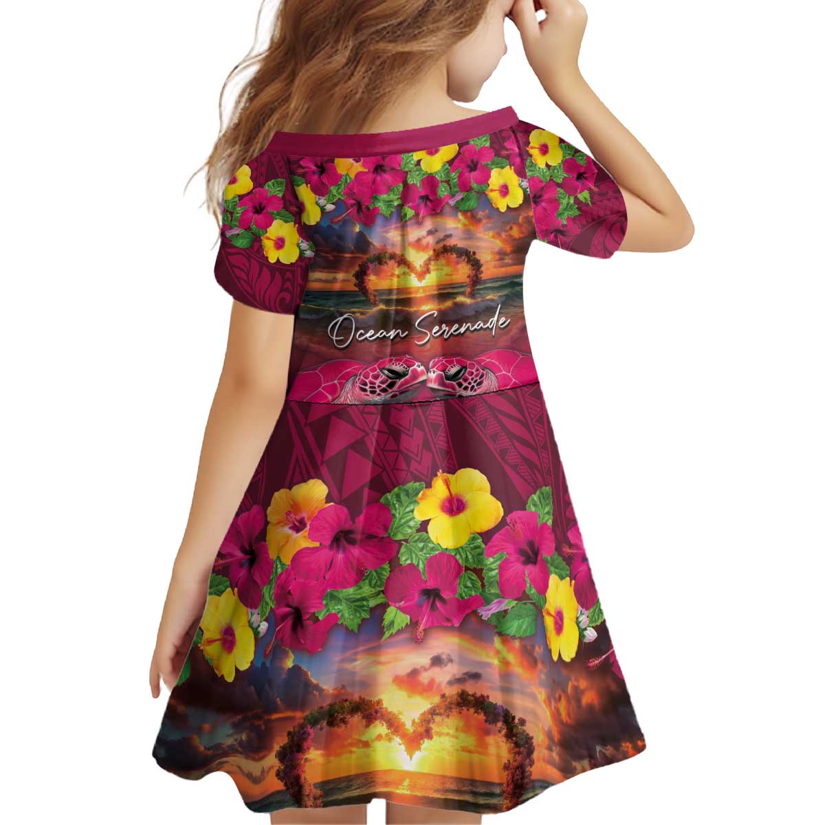 Hawaiian Turtle Love Couple Kid Short Sleeve Dress Ocean Serenade - Honu Honi Ihu with Hibiscus and Romantic Sunset Pink Color LT03 - Polynesian Pride