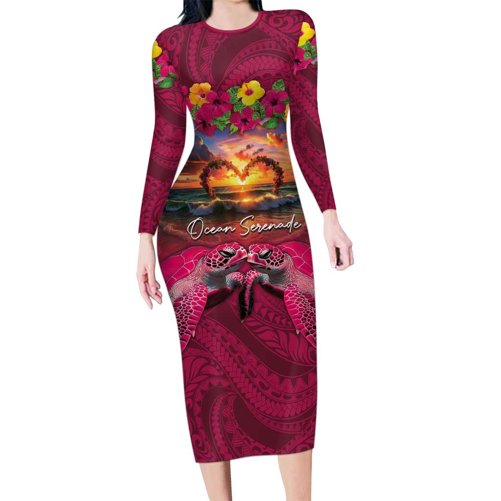 Hawaiian Turtle Love Couple Long Sleeve Bodycon Dress Ocean Serenade - Honu Honi Ihu with Hibiscus and Romantic Sunset Pink Color LT03 Long Dress Pink - Polynesian Pride