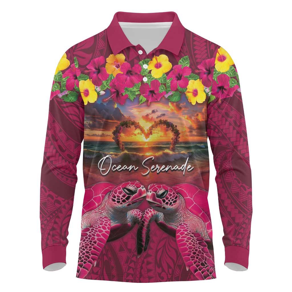 Hawaiian Turtle Love Couple Long Sleeve Polo Shirt Ocean Serenade - Honu Honi Ihu with Hibiscus and Romantic Sunset Pink Color LT03 Pink - Polynesian Pride