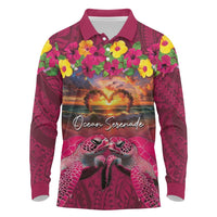 Hawaiian Turtle Love Couple Long Sleeve Polo Shirt Ocean Serenade - Honu Honi Ihu with Hibiscus and Romantic Sunset Pink Color LT03 Pink - Polynesian Pride