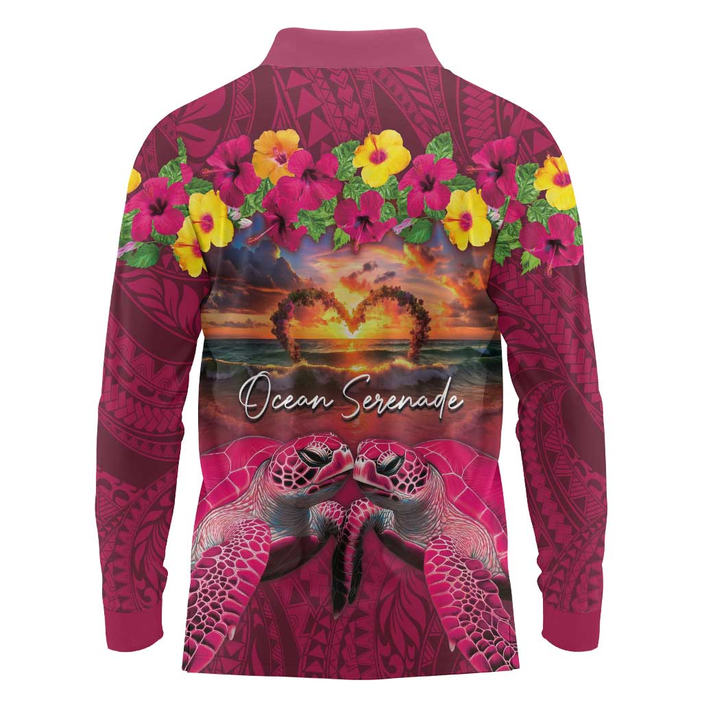 Hawaiian Turtle Love Couple Long Sleeve Polo Shirt Ocean Serenade - Honu Honi Ihu with Hibiscus and Romantic Sunset Pink Color LT03 - Polynesian Pride