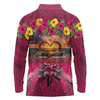 Hawaiian Turtle Love Couple Long Sleeve Polo Shirt Ocean Serenade - Honu Honi Ihu with Hibiscus and Romantic Sunset Pink Color LT03 - Polynesian Pride