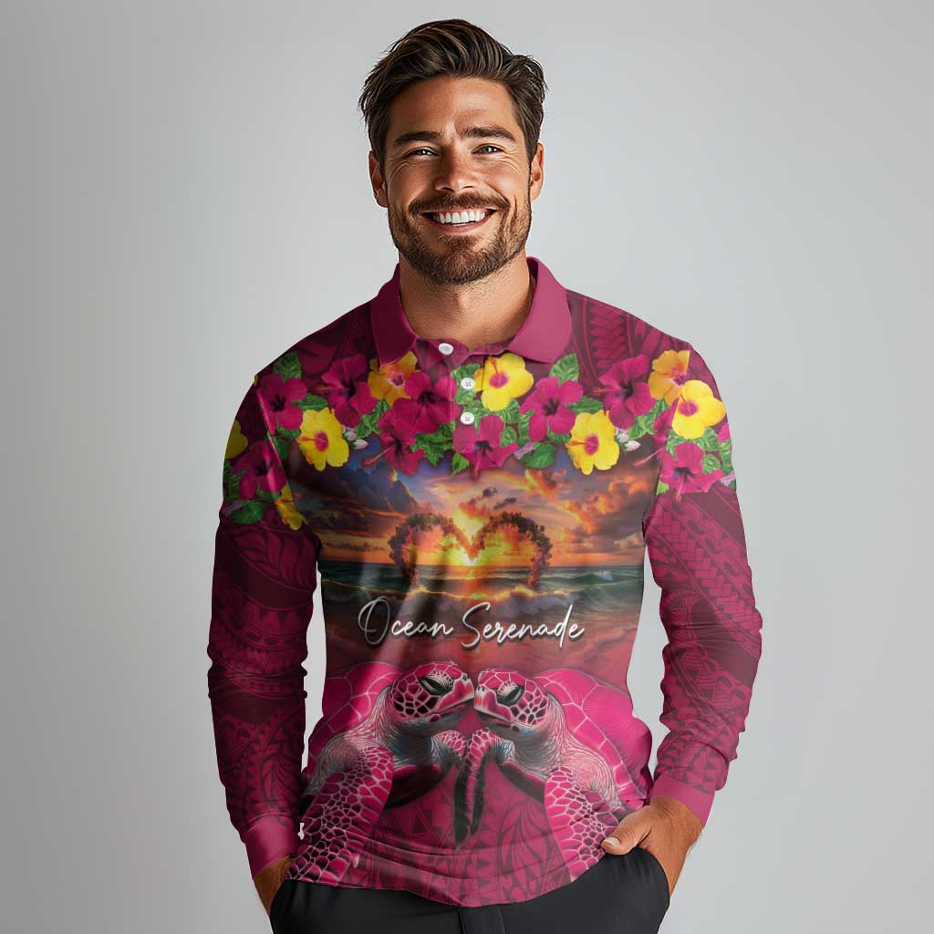 Hawaiian Turtle Love Couple Long Sleeve Polo Shirt Ocean Serenade - Honu Honi Ihu with Hibiscus and Romantic Sunset Pink Color LT03 - Polynesian Pride
