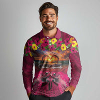 Hawaiian Turtle Love Couple Long Sleeve Polo Shirt Ocean Serenade - Honu Honi Ihu with Hibiscus and Romantic Sunset Pink Color LT03 - Polynesian Pride