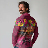 Hawaiian Turtle Love Couple Long Sleeve Polo Shirt Ocean Serenade - Honu Honi Ihu with Hibiscus and Romantic Sunset Pink Color LT03 - Polynesian Pride