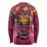 Hawaiian Turtle Love Couple Long Sleeve Shirt Ocean Serenade - Honu Honi Ihu with Hibiscus and Romantic Sunset Pink Color LT03 - Polynesian Pride