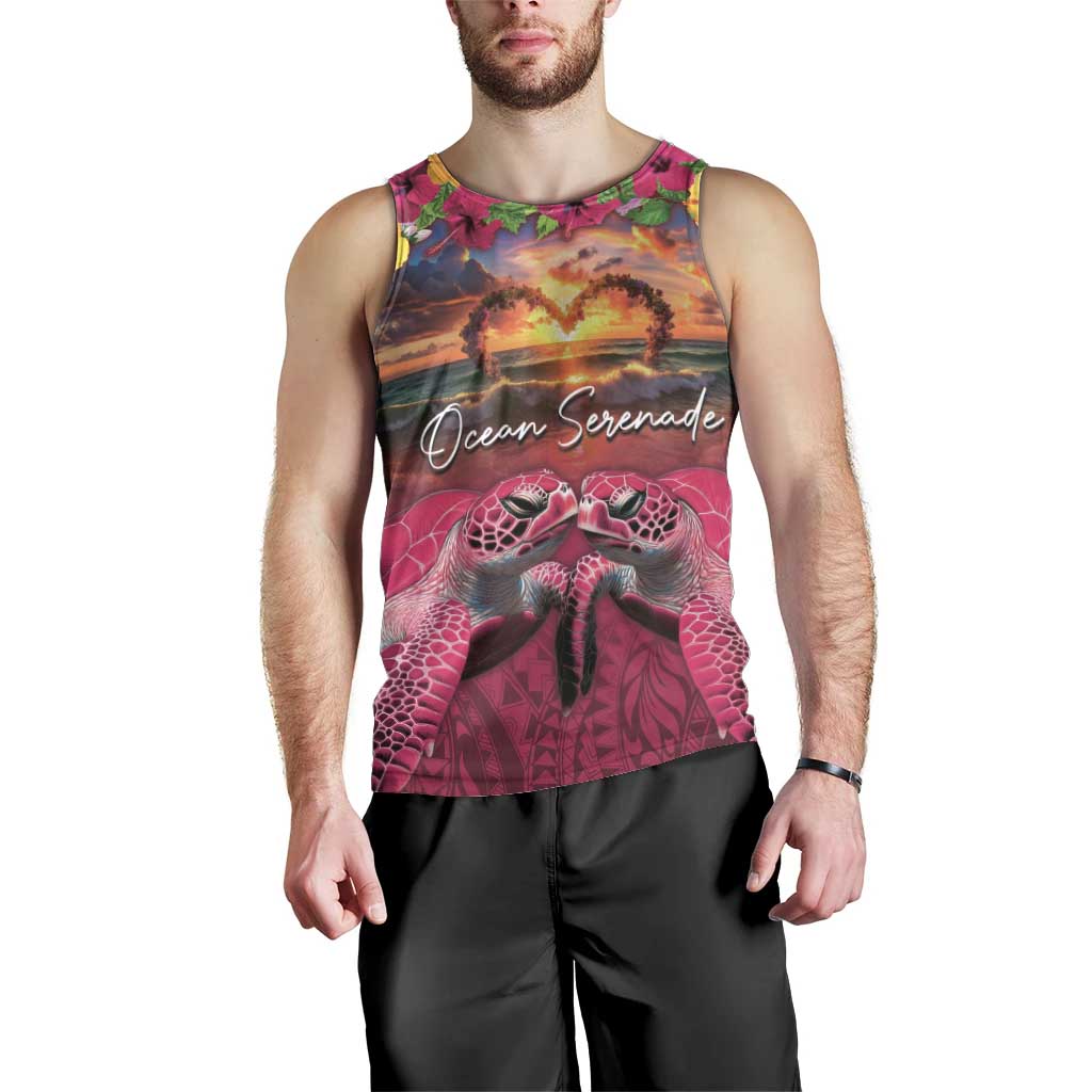 Hawaiian Turtle Love Couple Men Tank Top Ocean Serenade - Honu Honi Ihu with Hibiscus and Romantic Sunset Pink Color LT03 - Polynesian Pride