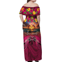 Hawaiian Turtle Love Couple Off Shoulder Maxi Dress Ocean Serenade - Honu Honi Ihu with Hibiscus and Romantic Sunset Pink Color LT03 - Polynesian Pride