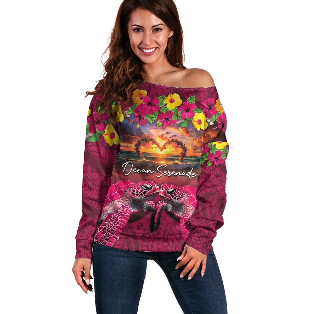 Hawaiian Turtle Love Couple Off Shoulder Sweater Ocean Serenade - Honu Honi Ihu with Hibiscus and Romantic Sunset Pink Color LT03 Women Pink - Polynesian Pride