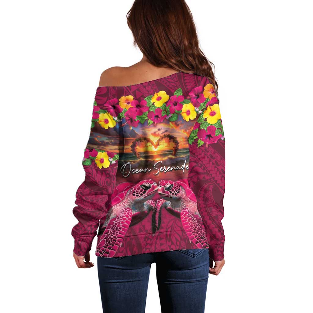 Hawaiian Turtle Love Couple Off Shoulder Sweater Ocean Serenade - Honu Honi Ihu with Hibiscus and Romantic Sunset Pink Color LT03 - Polynesian Pride